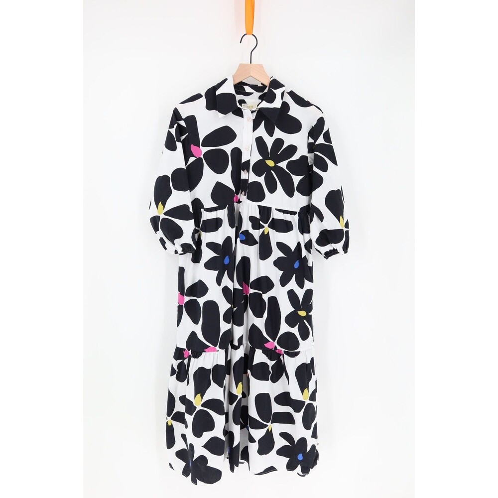 Anthropologie Maeve Bettina Tiered Shirt Dress White Black Floral Sz XS Pockets